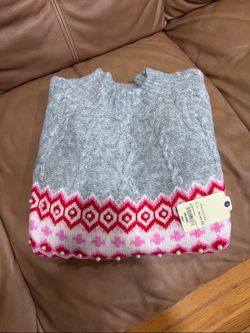Gray Cable-Knit Sweater with Pink & Red Fair Isle Trim